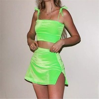2pcs Set Velvet Crop Top Summer Tube Top Neon Split Mini Skirt Club Party Dress E-Girl Kawaii Korean Japanese Harajuku Retro Streetwear Aesthetic - Thumbnail 1