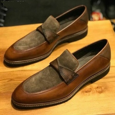 Handmade men tan leather & gray suede moccasin shoes, two tone slip on shoes