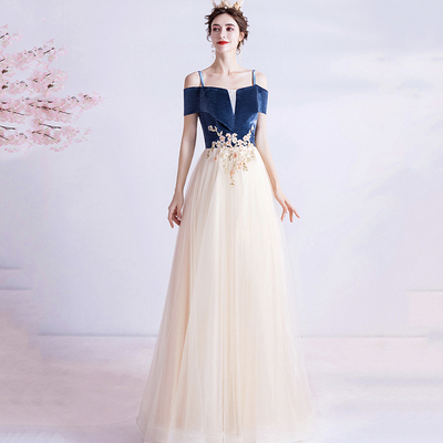 Blue velvet tulle long prom dress evening dress - Thumbnail 3