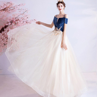 Blue velvet tulle long prom dress evening dress - Thumbnail 3