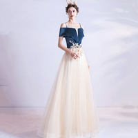 Blue velvet tulle long prom dress evening dress - Thumbnail 4