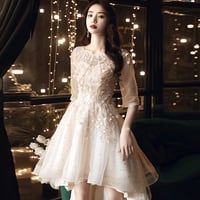 Cute lace high low prom dress champagne evening dress - Thumbnail 1