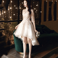 Cute lace high low prom dress champagne evening dress - Thumbnail 2