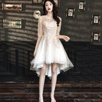Cute lace high low prom dress champagne evening dress - Thumbnail 4