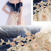 Blue velvet tulle long prom dress evening dress - Thumbnail 6