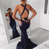 Charming Mermaid V Neck Cross Back Navy Sparkly Prom Dresses, Fashion Evening Dresses - Thumbnail 1