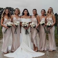 Chic Sheath Cowl Neck Spaghetti Straps Silk Satin Long Bridesmaid Dresses - Thumbnail 1