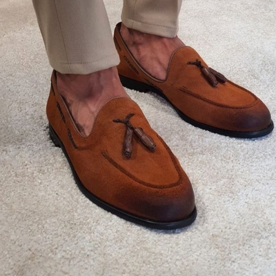 Handmade best two tone tassels loafer men's suede shoes - Thumbnail 5