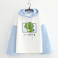 College style cute dinosaur print plus velvet padded sweater loose hoodie - Thumbnail 2