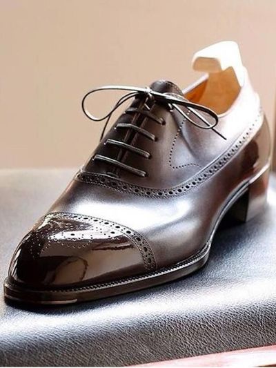 Classic Dark Brown Cap Toe Brogue Oxfords Style Lace Up Wedding Shoes