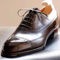 Classic Dark Brown Cap Toe Brogue Oxfords Style Lace Up Wedding Shoes - Thumbnail 1