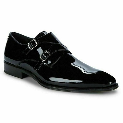 Handmade men's genuine black patent leather single monk dress shoes