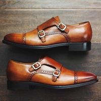 Handmade Men's Genuine Tan Leather Double Monk Strap Toe cap Casual Shoes - Thumbnail 4