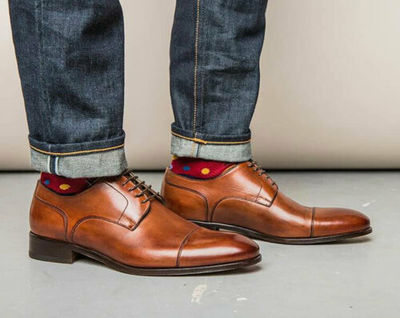 Handmade Men's Genuine Brown Leather Derby Lace Up Toe cap Dress Shoes