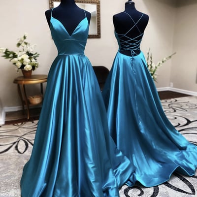 Blue satin long prom dress simple evening dress - Thumbnail 5
