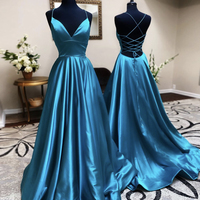 Blue satin long prom dress simple evening dress - Thumbnail 1