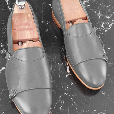 Handmade grey double monk strap leather men's formal wear shoes