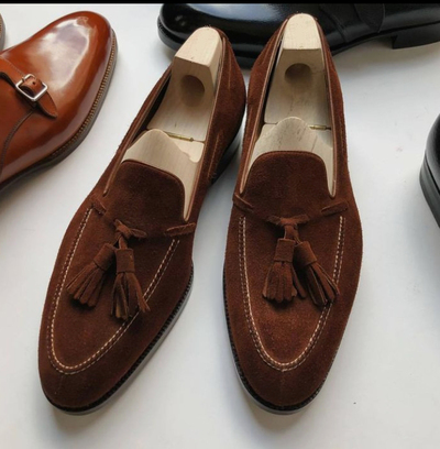 Classic Handmade Dark Brown Tassels Loafer Suede Wedding Shoes For Men