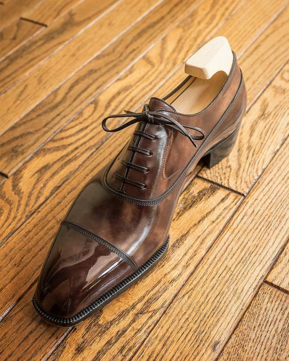 Gentlemen Brown Cap Toe Leather Lace up Wedding Shoes