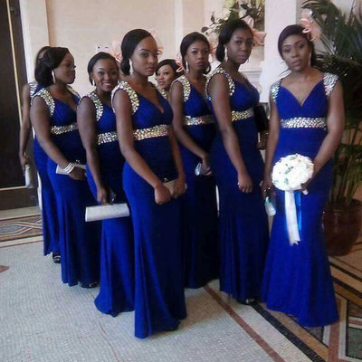 V neck royal blue bridesmaid dresses with rhinestones - Thumbnail 3