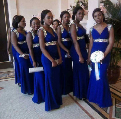 V Neck Royal Blue Bridesmaid Dresses with Rhinestones