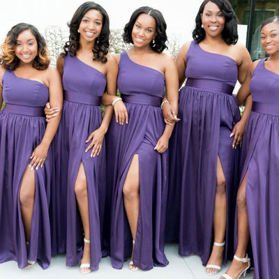 One shoulder purple long bridesmaid dresses with split - Thumbnail 4