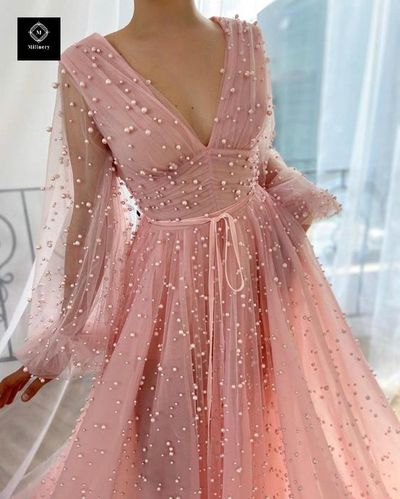 Princess A-Line V Neck Long Sleeve Sweet 16 Party Dresses,Tulle Quinceanera Dresses with Pearls,Formal Evening Party Dresses