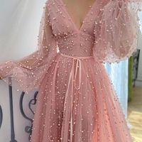 Princess A-Line V Neck Long Sleeve Sweet 16 Party Dresses,Tulle Quinceanera Dresses with Pearls,Formal Evening Party Dresses - Thumbnail 1