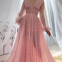 Princess A-Line V Neck Long Sleeve Sweet 16 Party Dresses,Tulle Quinceanera Dresses with Pearls,Formal Evening Party Dresses - Thumbnail 2