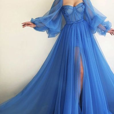 Sweetheart blue long sleeves applique tulle prom dress,sexy side slit sweep train evening party dresses