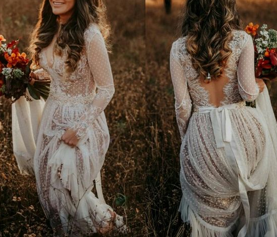 Bohemian & Fairy A Line V Neck Long Sleeves White Dot Tulle Wedding Dresses with Lace