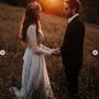 Bohemian & Fairy A Line V Neck Long Sleeves White Dot Tulle Wedding Dresses with Lace-1