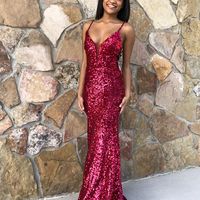 Charming Mermaid V Neck Straps Rose Red Long Evening Party Dresses, Cross Back Prom Dresses - Thumbnail 1