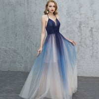 Blue v neck tulle long prom dress blue evening dress - Thumbnail 1