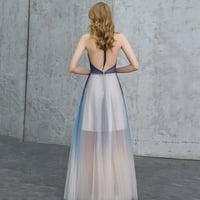 Blue v neck tulle long prom dress blue evening dress - Thumbnail 3