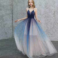 Blue v neck tulle long prom dress blue evening dress - Thumbnail 5