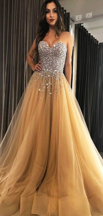 A-line Sweetheart Elegant Sparkly-Crystal Long Modest New Prom Dresses,683