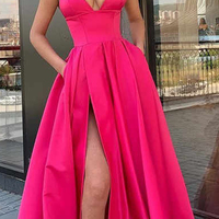 Cheap Satin Blue Long A-Line V-Neck Strap Spaghetti Side Slit Prom Dresses, Party Gowns,684 - Thumbnail 1