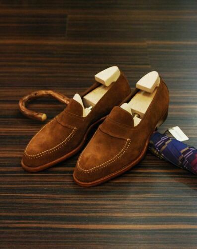 Handmade men tan suede moccasin, leather slip ons loafer shoes, men dress shoes