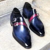 Men's Handmade Blue Double Monk Leather Shoes, Men Dress Buckle Shoes - Thumbnail 1