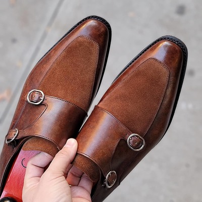 Brown leather suede decent wear dress double monk fastening handmade mens shoes