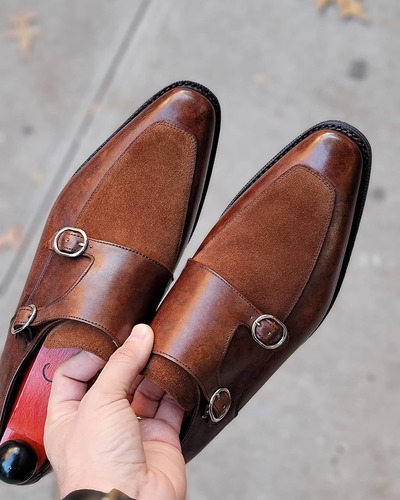 Brown Leather Suede Decent Wear Dress Double Monk Fastening Handmade Mens Shoes