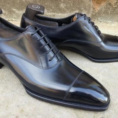Handmade black cap toe leather office shoes - Thumbnail 5