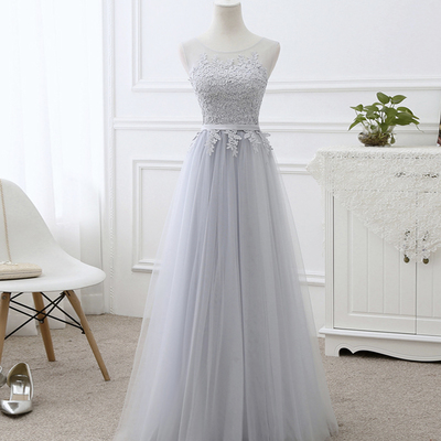 Gray tulle lace prom dress a line evening dress - Thumbnail 4