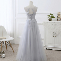 Gray tulle lace prom dress A line evening dress - Thumbnail 1