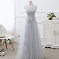 Gray tulle lace prom dress A line evening dress - Thumbnail 4