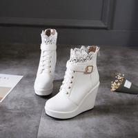 Black White Lacy Wedges Heels  - Thumbnail 4