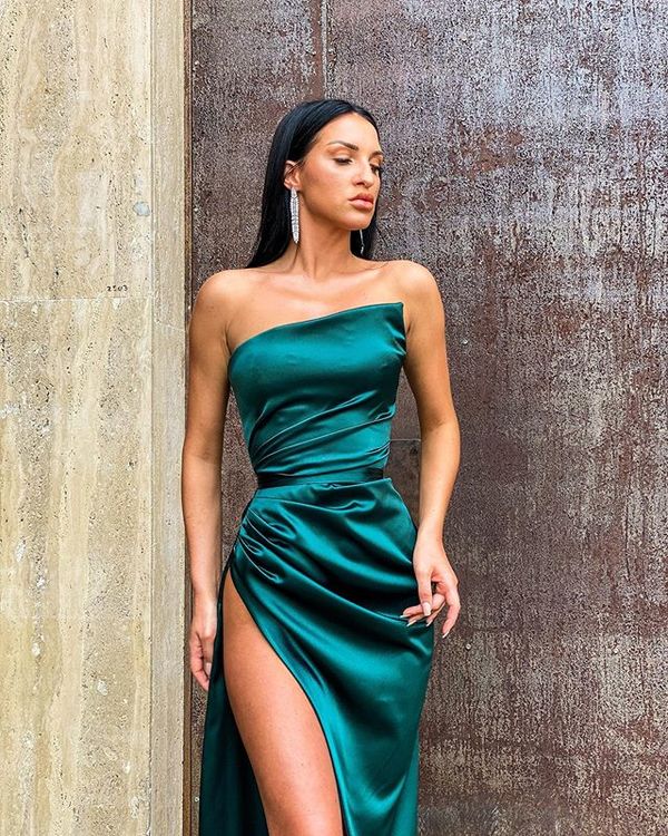 Sexy Mermaid Strapless Dark Green Satin Prom Dresses, Split Party Dresses