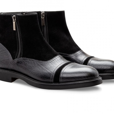 Two tone gray black suede genuine leather rounded derby cap toe handmade zipper high ankle boots - Thumbnail 1