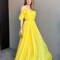 Charming A Line V Neck Daffodil Chiffon Long Prom Dresses, Wedding Party Dresses, Evening Dresses - Thumbnail 1